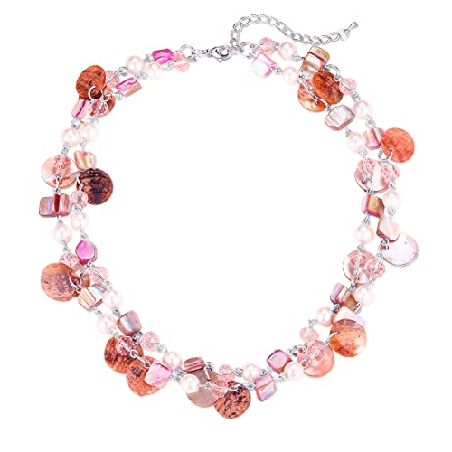 FULU AUTUMN Kristall Perlenkette Boho Muschelkette Damen Statement Bunte Mehrreihige Halskette Modeschmuck Geschenke für Fraue(Pink) von FULU AUTUMN