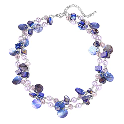 FULU AUTUMN Kristall Perlenkette Boho Muschelkette Damen Statement Bunte Mehrreihige Halskette Modeschmuck Geschenke für Fraue(Purple) von FULU AUTUMN