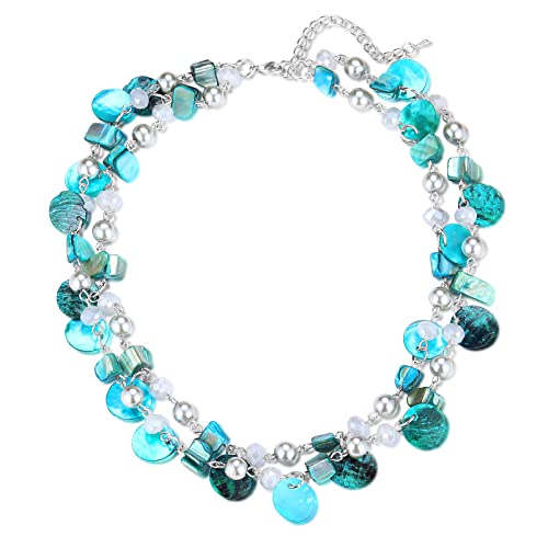 FULU AUTUMN Kristall Perlenkette Boho Muschelkette Damen Statement Bunte Mehrreihige Halskette Modeschmuck Geschenke für Fraue(Turquoise) von FULU AUTUMN