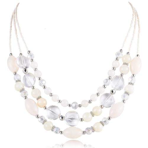 FULU AUTUMN Perlen Statement Kette Damen Silber Mehrreihig Perlenkette Chunky Bunt Modeschmuck Valentinstagsgeschenk für Sie(Beige) von FULU AUTUMN