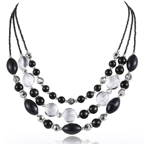FULU AUTUMN Perlen Statement Kette Damen Silber Mehrreihig Perlenkette Chunky Bunt Modeschmuck Valentinstagsgeschenk für Sie(Black) von FULU AUTUMN