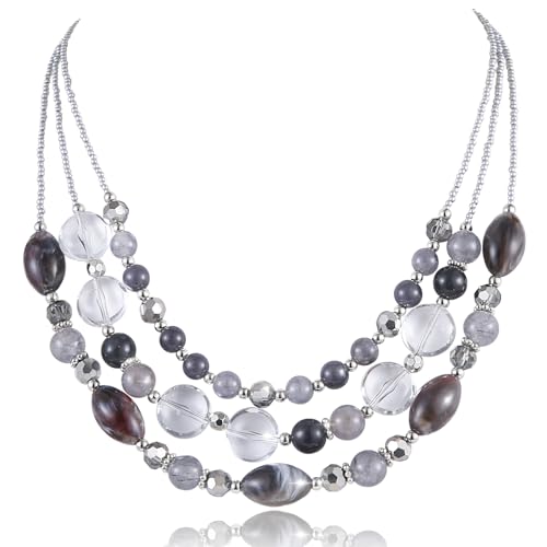 FULU AUTUMN Perlen Statement Kette Damen Silber Mehrreihig Perlenkette Chunky Bunt Modeschmuck Valentinstagsgeschenk für Sie(Grey) von FULU AUTUMN