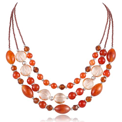 FULU AUTUMN Perlen Statement Kette Damen Silber Mehrreihig Perlenkette Chunky Bunt Modeschmuck Valentinstagsgeschenk für Sie(Red coffee) von FULU AUTUMN