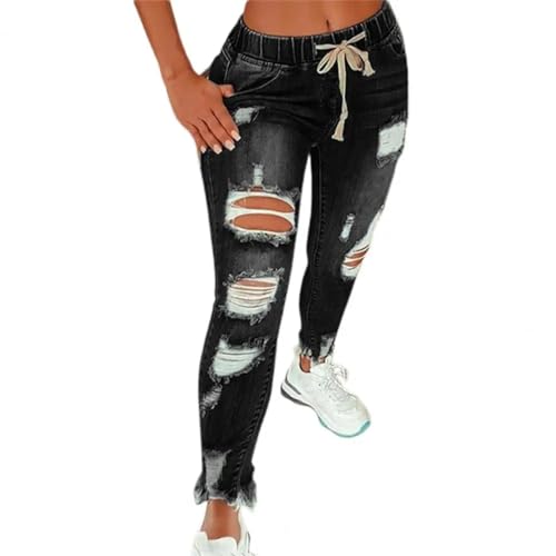 FULUJIDI Jeans Pantalon Jeanshosen Damen Stretch Skinny Ripped Loch Gewaschene Denim Mom Jeans Weiblich Slim Jeggings Hohe Taille Bleistift Hose Hose XL Schwarz von FULUJIDI