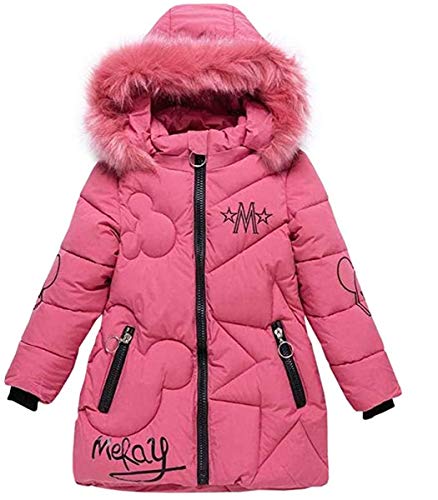 FULUOYIN Winterjacke Mädchen Kinder Wintermantel Steppjacke mit Fellkapuze M Buchstabe Design(Pink3, 130) von FULUOYIN