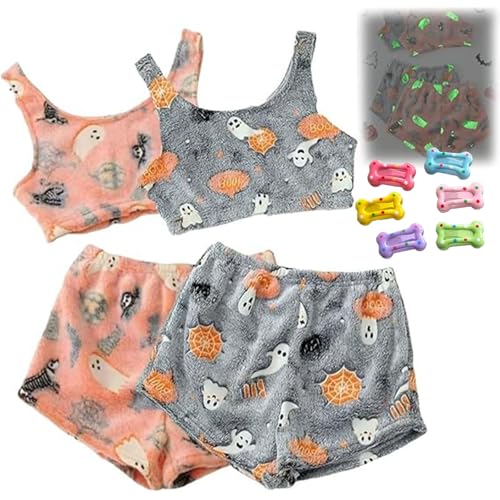FUMIOS Gruseliges Pyjama-Set mit Weste, neues Halloween-Pyjama-Set mit im Dunkeln leuchtender Weste 2024, süße, gemütliche Flanell-Pyjama-Shorts mit Kürbis und Geist für Damen (2pc-Mix,L) von FUMIOS
