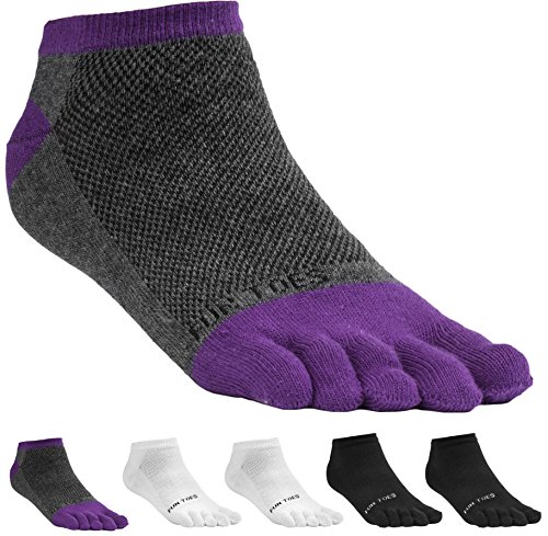 FUN TOES Damen Zehensocken aus Baumwolle, für Barfußlaufen, atmungsaktiv, 6 Paar, Größe 43-46, leicht, 2 x Schwarz, 2 x Weiß, 2 x Grau-Violett, Einheitsgröße von FUN TOES