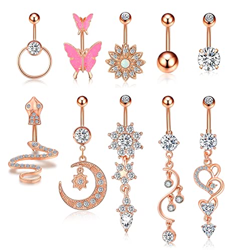 FUNEIA 10 Stück Buchnabelpiercing Chirurgenstahl für Damen Mädchen 14G Edelstahl Rosegold Silber Bauchnabel Ringe Nabel Belly Bauch Piercings mit Dangle CZ Schmetterling Anhänger Körperschmuck Set von FUNEIA