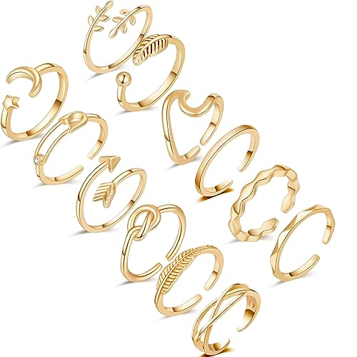 FUNEIA 12 Stücke Verstellbare Ringe Damen 14 Karat Vergoldete Gold Silber Rosegold Ring set Knöchelringe Daumenringe Set Rose Mond Stern Stapelbare Ringe Offene Fingerringe Frauen Mädchen (Gold1) von FUNEIA