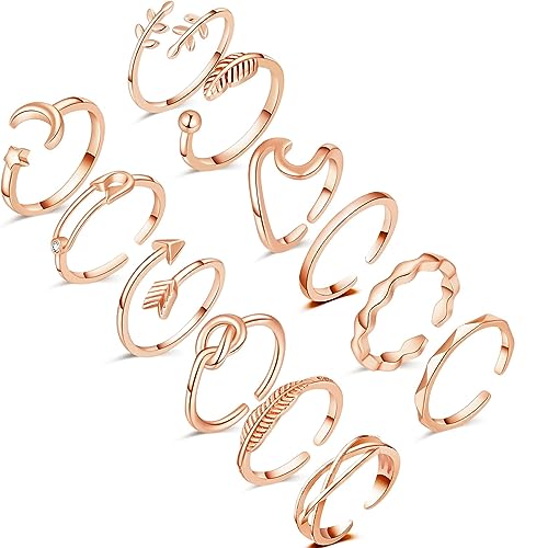 FUNEIA 12 Stücke Verstellbare Ringe Damen 14 Karat Vergoldete Gold Silber Rosegold Ring set Knöchelringe Daumenringe Set Rose Mond Stern Stapelbare Ringe Offene Fingerringe Frauen Mädchen (Roségold1) von FUNEIA