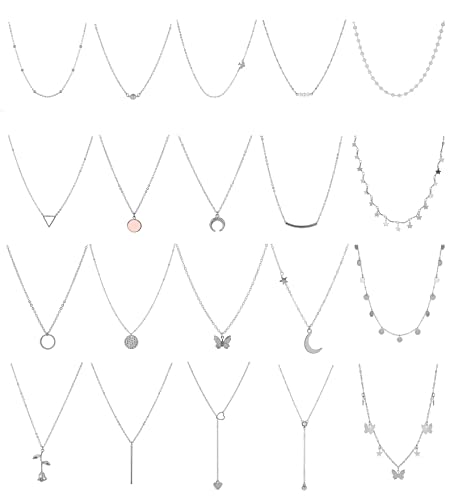 20 Stück Ketten Set Kette Silber Gold Damen Geschichteten Choker Halskette Damen Boho Schmetterling Sternzeichen Mond Mehrschichtige Kette Halskette Set für Frauen Mädchen (Silber) von FUNEIA