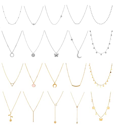 20 Stück Ketten Set Kette Silber Gold Damen Geschichteten Choker Halskette Damen Boho Schmetterling Sternzeichen Mond Mehrschichtige Kette Halskette Set für Frauen Mädchen (Multi) von FUNEIA