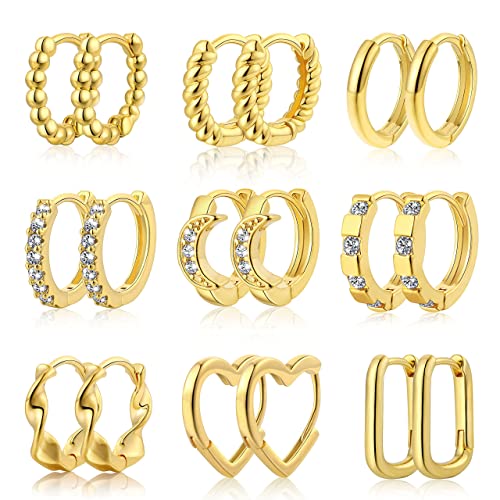 FUNEIA 6-9 Paar Klein Creolen Gold Ohrringe Damen 14K Vergoldet Ohrringe Set Mini Creolen Gold Nickelfrei Hypoallergene Twisted Knorpel Creolen Mit AAA Zirkonia Schmuckset von FUNEIA