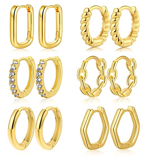 FUNEIA 6-9 Paar Klein Creolen Gold Ohrringe Damen 14K Vergoldet Ohrringe Set Mini Creolen Gold Nickelfrei Hypoallergene Twisted Knorpel Creolen Mit AAA Zirkonia Schmuckset von FUNEIA