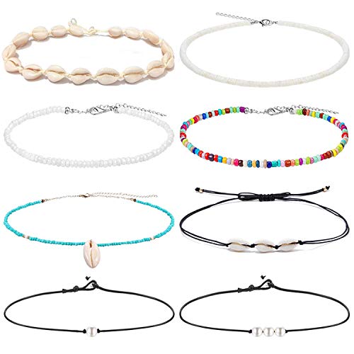 FUNEIA 8 Stück Choker Kette Damen Natürliche Muschelkette Bunte Perlen Choker Halskette Set Verstellbare Böhmische Puka Halsreif Handgefertigte Hawaii Perlen Sommer Strand Schmuck von FUNEIA