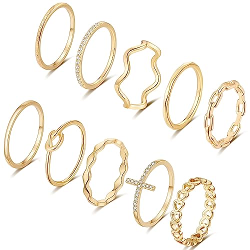 FUNEIA 10 Stück Ringe Damen Gold 14 Karat Vergoldet Ring Set Gold Stapelringe Fingerring Gold Frauen CZ Dünn Verlobungsring Goldene Ringe Wasserfest Modeschmuck von FUNEIA