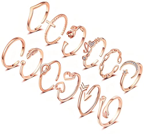 FUNEIA 12 Stücke Verstellbare Ringe Damen 14 Karat Vergoldete Gold Silber Rosegold Ring set Knöchelringe Daumenringe Set Rose Mond Stern Stapelbare Ringe Offene Fingerringe Frauen Mädchen (Roségold) von FUNEIA