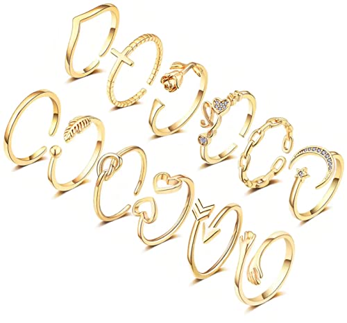 FUNEIA 12 Stücke Verstellbare Ringe Damen 14 Karat Vergoldete Gold Silber Rosegold Ring set Knöchelringe Daumenringe Set Rose Mond Stern Stapelbare Ringe Offene Fingerringe Frauen Mädchen (Gold) von FUNEIA