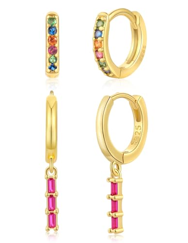 FUNEIA 2 Paare Ohrringe Gold Set Hängend Tropfen Damen Frauen 14K Vergoldet Creolen Goldene Ohrstecker mit Anhänger Grün Blau Grüner Stein Drop Modeschmuck Bijux ohrring Geschenke für Mädchen von FUNEIA