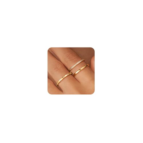 FUNEIA 3 Stück Ringe Gold Damen Frauen 14k Vergoldete Ring Wasserfest Set Dünner Goldene Ringe Statement Daumenring Fingerring Stapelring Zirkonia Schmale Ring Modeschmuck von FUNEIA