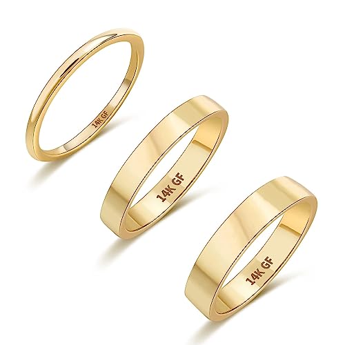 FUNEIA 3 Stück Ring Gold Damen Herren 14K Gold Gefüllte Ringe Set für Frauen Mädchen Wasserfest Dünn Stacking Band Flach Ring Statement Schmaler Ring Comfort Fit Größe 52-62 1MM 3MM 5MM von FUNEIA