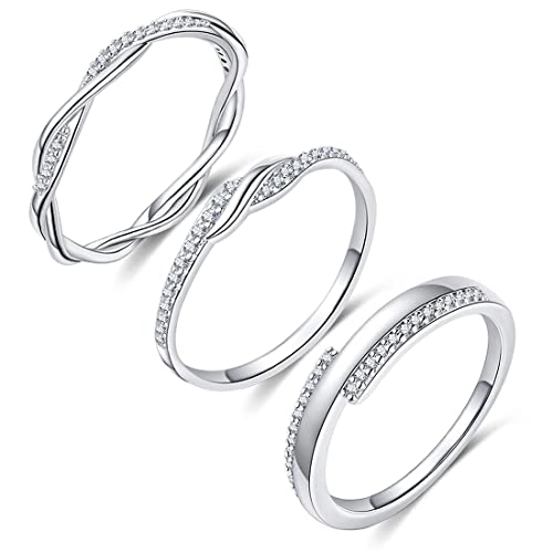 FUNEIA 3 Stück Ring Silber Damen Frauen Stapelbare Ringe Set 18 Karat Weißgold Ehering Verlobungsring Trauringe Weiß Zirkonia Fingerring Knöchelringe Schmuck Größe 49-62 (Silber Set, 57（18.1）) von FUNEIA