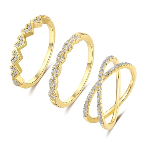 FUNEIA 3 Stück Ring Silber Damen Frauen Stapelbare Ringe Set 18 Karat Weißgold Ehering Verlobungsring Trauringe Weiß Zirkonia Fingerring Knöchelringe Schmuck Größe 49-62 (Gold Set A, 54（17.3）) von FUNEIA