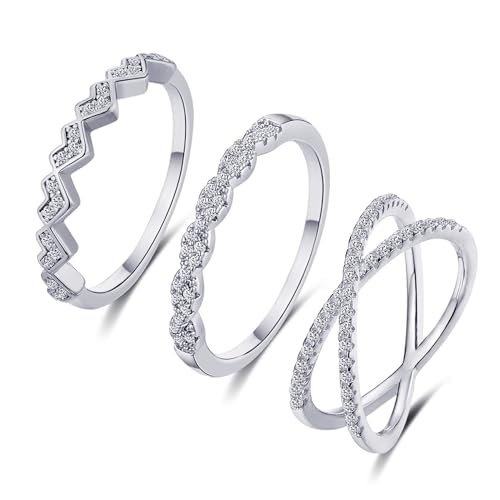 FUNEIA 3 Stück Ring Silber Damen Frauen Stapelbare Ringe Set 18 Karat Weißgold Ehering Verlobungsring Trauringe Weiß Zirkonia Fingerring Knöchelringe Schmuck Größe 49-62 (Silber Set A, 49（15.7）) von FUNEIA