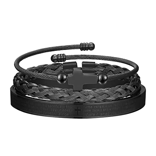 FUNEIA 3 Stücke Edelstahl Armbänder für Herren Charm Armband Herren Verstellbare Armbänder Männer Luxus Roman Royal Crown Schmuck Geschenke (Kreuz-Schwarz) von FUNEIA