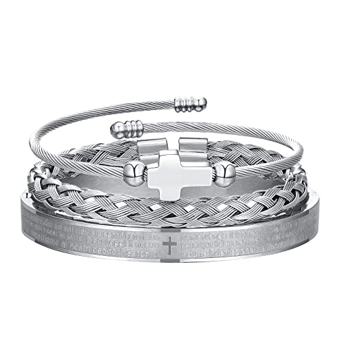 3 Stücke Edelstahl Armbänder für Herren Charm Armband Herren Verstellbare Armbänder Männer Luxus Roman Royal Crown Schmuck Geschenke (Kreuz-Silber) von FUNEIA