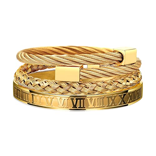 FUNEIA 3 Stücke Edelstahl Armbänder für Herren Charm Armband Herren Verstellbare Armbänder Männer Luxus Roman Royal Crown Schmuck Geschenke (Square-Gold) von FUNEIA