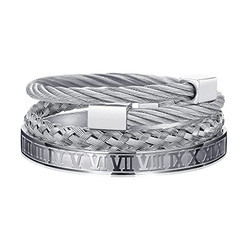 FUNEIA 3 Stücke Edelstahl Armbänder für Herren Charm Armband Herren Verstellbare Armbänder Männer Luxus Roman Royal Crown Schmuck Geschenke (Square-Silver) von FUNEIA