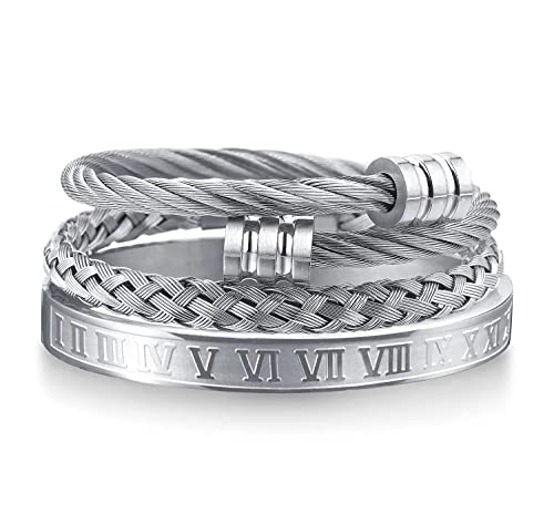 FUNEIA 3 Stücke Edelstahl Armbänder für Herren Luxus Roman Royal Crown Charm Armband öffnen verstellbare Herren Luxus Schmuck Geschenke von FUNEIA