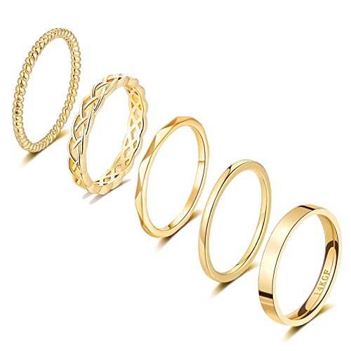 FUNEIA 5 Stück 14 Karat Vergoldete Ringe Set Damen Gold Fingerring Stacking Silber Stapelbarer Knuckle Ring für Frauen Midi Ring Twist Eternity Bänder Größe 49-62 von FUNEIA