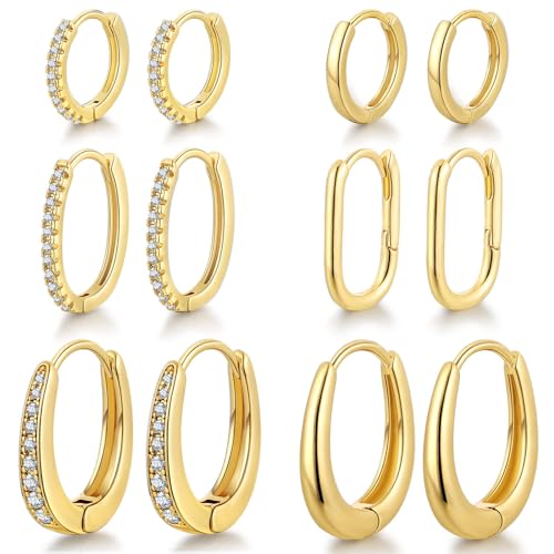 FUNEIA 6-9 Paar Klein Creolen Gold Ohrringe Damen 14K Vergoldet Ohrringe Set Mini Creolen Gold Nickelfrei Hypoallergene Twisted Knorpel Creolen Mit AAA Zirkonia Schmuckset (Gold Set) von FUNEIA