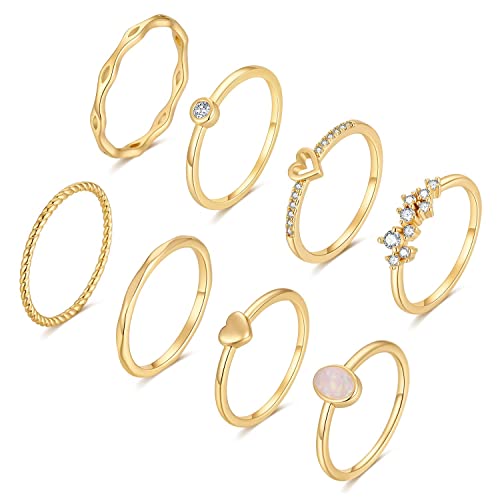 FUNEIA 8 Stück 14 Karat Vergoldet Ringe Set Gold Damen Stapelringe Fingerring Gold Sliver für Frauen Herz CZ Dünn Verlobungsring Eheringe Goldene Ringe Set Wasserfest Schmuck (Gold Set, 62（19.8）) von FUNEIA