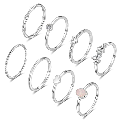 FUNEIA 8 Stück 14 Karat Vergoldet Ringe Set Gold Damen Stapelringe Fingerring Gold Sliver für Frauen Herz CZ Dünn Verlobungsring Eheringe Goldene Ringe Set Wasserfest Schmuck (Silber Set, 49（15.7）) von FUNEIA