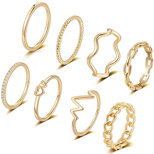 FUNEIA 8 Stück 14 Karat Vergoldet Ringe Set Gold Damen Stapelringe Fingerring Gold Sliver für Frauen Herz CZ Dünn Verlobungsring Eheringe Goldene Ringe Set Wasserfest Schmuck (Gold Set 1, 57（18.1）) von FUNEIA