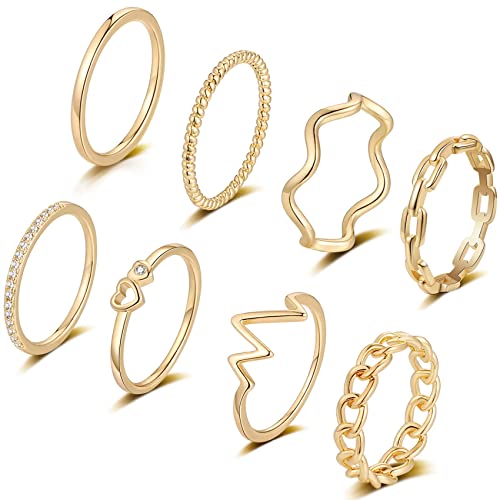 FUNEIA 14 Karat Vergoldet Ringe Set Gold Damen Stapelringe Fingerring Sliver für Frauen Herz CZ Dünn Verlobungsring Eheringe Wasserfest Schmuck (Gold Set 1, 60（18.9）) von FUNEIA