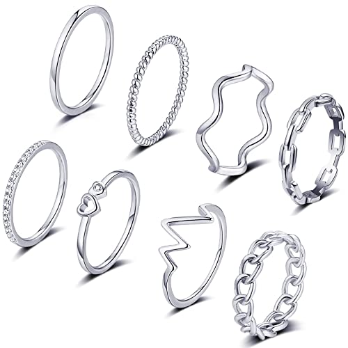 FUNEIA 8 Stück 14 Karat Vergoldet Ringe Set Gold Damen Stapelringe Fingerring Gold Sliver für Frauen Herz CZ Dünn Verlobungsring Eheringe Goldene Ringe Set Wasserfest Schmuck (Silber Set 1, 57（18.1）) von FUNEIA