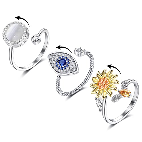 FUNEIA Fidget Ring für Frauen Einstellbarer Angst Ring für Frauen Fidget Spinner Ringe für Angst Zirkonia Sonnenblume Schmetterling Böser Blick Anti-Angst Ring Set Spinner Ring zum Stressabbau von FUNEIA