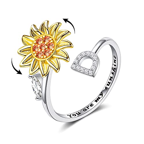 FUNEIA Anti Stress Ring Mit Buchstaben für Damen Frauen Anxiety Fidget Ring Zirkonia Sonnenblumenring Verstellbare Angst Spinning Ringe Mit Initialen A-Z You are My Sunshine Ring mit Geschenkbox von FUNEIA