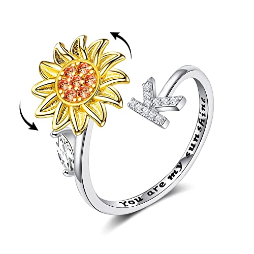 FUNEIA Anti Stress Ring Mit Buchstaben für Damen Frauen Anxiety Fidget Ring Zirkonia Sonnenblumenring Verstellbare Angst Spinning Ringe Mit Initialen A-Z You are My Sunshine Ring mit Geschenkbox von FUNEIA