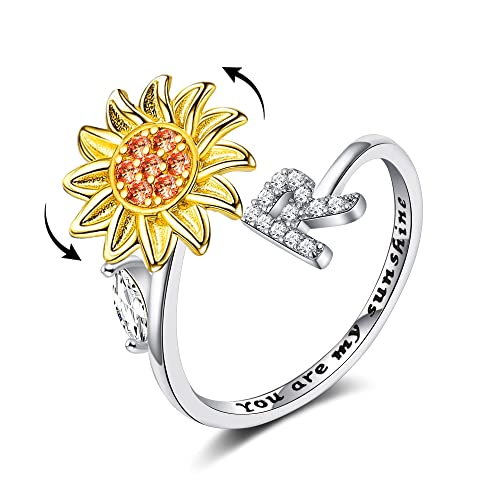 FUNEIA Anti Stress Ring Mit Buchstaben für Damen Frauen Anxiety Fidget Ring Zirkonia Sonnenblumenring Verstellbare Angst Spinning Ringe Mit Initialen A-Z You are My Sunshine Ring mit Geschenkbox von FUNEIA