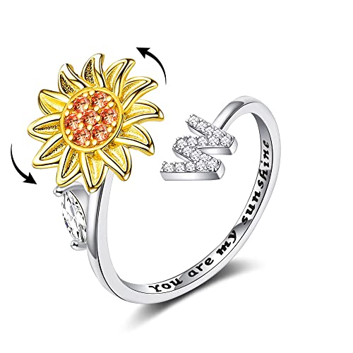 FUNEIA Anti Stress Ring Mit Buchstaben für Damen Frauen Anxiety Fidget Ring Zirkonia Sonnenblumenring Verstellbare Angst Spinning Ringe Mit Initialen A-Z You are My Sunshine Ring mit Geschenkbox von FUNEIA