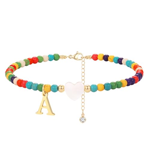 FUNEIA Fußkettchen für Damen Bunte Perlen Fussketten für Frauen Wasserfest Herz Buchstaben Anhänge Fußkette Boho Handgefertigt Verstellbar Fußkettche Kinder Mädchen Sommer Strand Fußschmuck Geschenke von FUNEIA