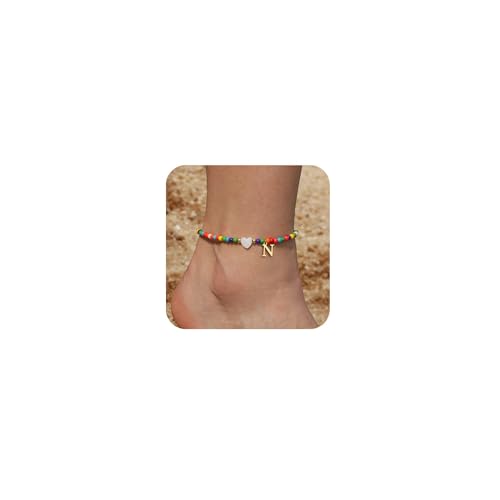 FUNEIA Fußkettchen für Damen Bunte Perlen Fussketten für Frauen Wasserfest Herz Buchstaben Anhänge Fußkette Boho Handgefertigt Verstellbar Fußkettche Kinder Mädchen Sommer Strand Fußschmuck Geschenke von FUNEIA