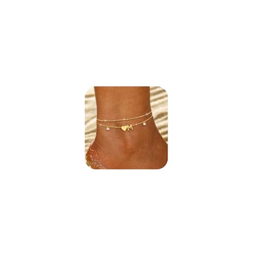 FUNEIA Fußkettchen Für Damen Silber 925/14K Gold Vergoldet Buchstaben Fussketten Für Frauen Wasserfester Herz Layered CZ Fußkette Boho Verstellbar Fusskette Fußschmuck Geschenke für Mädchen von FUNEIA