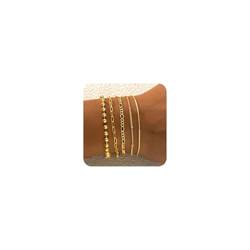 FUNEIA Armband Damen Gold 14 Karat Vergoldet Armbänder Set Charm Armkette Damen Gold Wasserfest Verstellbare Goldenes Modeschmuck Armbander Set für Frauen Teenager Mädchen Geschenk von FUNEIA