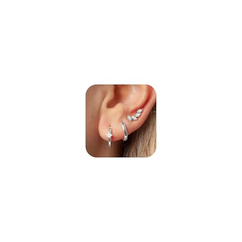 FUNEIA Ohrringe Silber 925 /14K Vergoldet Damen Klein Creolen Ohrstecker Silber Gold Set mit Zirkonia Stapelbar Wasserfest Stecker Hypoallergene Goldene Ohrringe Mehrere Piercings Ohrlöcher Schmuck von FUNEIA